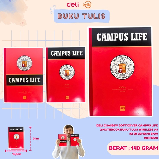 [140019541] DELI CNA558W SOFTCOVER CAMPUS LIFE 2 NOTEBOOK BUKU TULIS WIRELESS A5 ISI 58 LEMBAR BX10