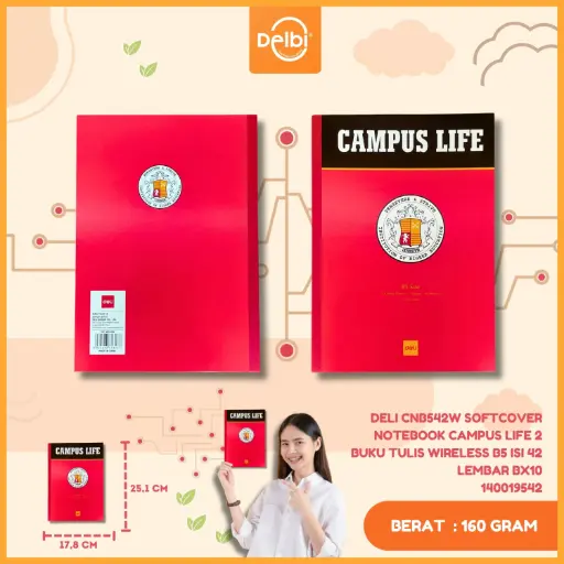 [140019542] DELI CNB542W SOFTCOVER NOTEBOOK CAMPUS LIFE 2 BUKU TULIS WIRELESS B5 ISI 42 LEMBAR BX10