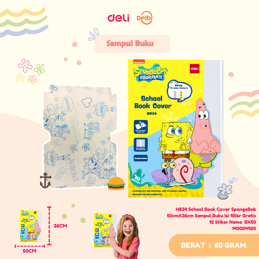 [140004420] DELI H834 School Book Cover SpongeBob 50cmX36cm Sampul Buku Isi 10lbr Gratis 12 Stiker Nama  BX50