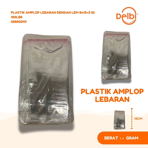 [08880044] PLASTIK AMPLOP LEBARAN DENGAN LEM 8x13+3 ISI 100LBR 