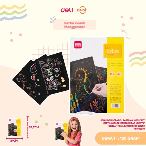 [100140370] 83602 DELI SCRATCH PAPER A4 10PCS/SET KERTAS GOSOK MENGGAMBAR KREATIF DENGAN PENA BAMBU BX50 BX200