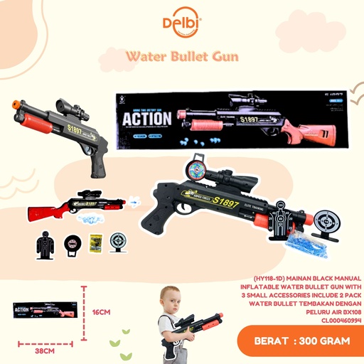 [CL000460994] (HY118-1D) MAINAN BLACK MANUAL INFLATABLE WATER BULLET GUN WITH 3 SMALL ACCESSORIES INCLUDE 2 PACK WATER BULLET TEMBAKAN DENGAN PELURU AIR BX108