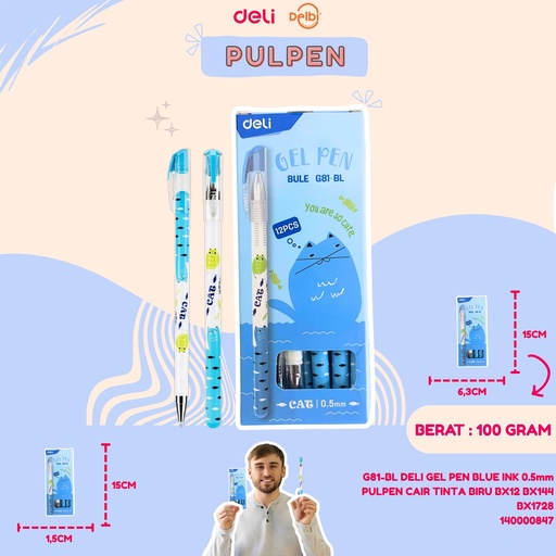 [140000847] G81-BL DELI GEL PEN BLUE INK 0.5mm PULPEN CAIR TINTA BIRU BX12 BX144 BX1728