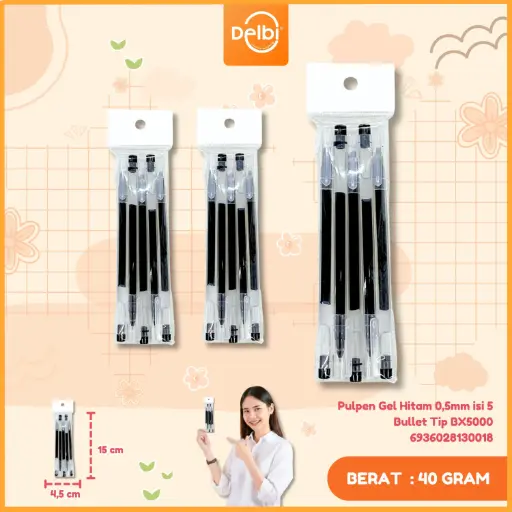 [6936028130018] (W28-1) Pulpen Gel Hitam 0,5mm isi 5 Bullet Tip BX5000